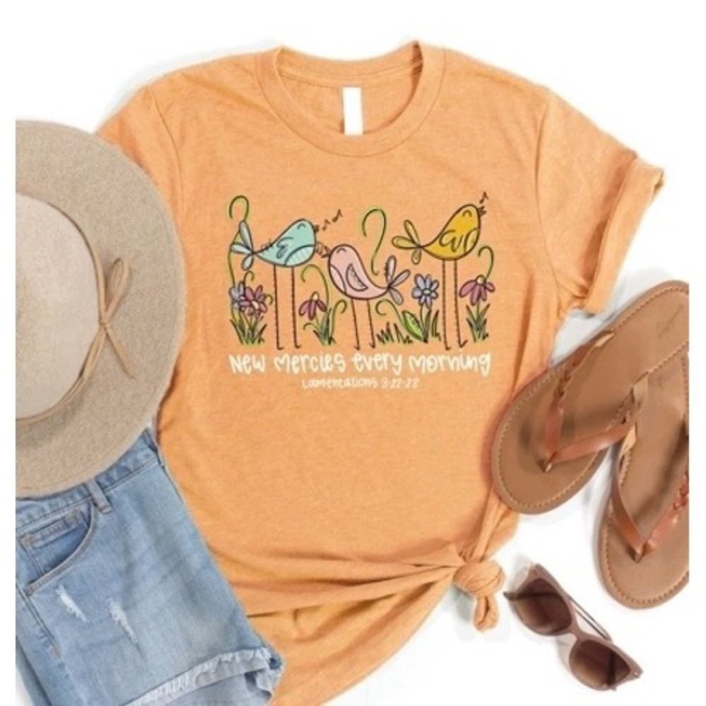 New Mercies Every Morning Bible Verse Graphic Tee Orange Bird T-Shirt